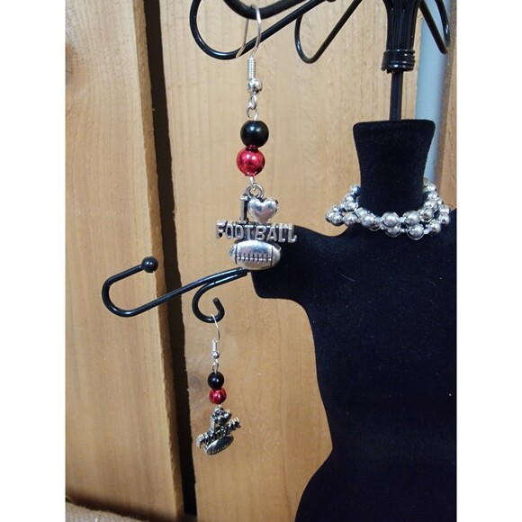 UGA University of Georgia SEC Handcrafted I Love Football Earrings Red And Black - Picture 2 of 3